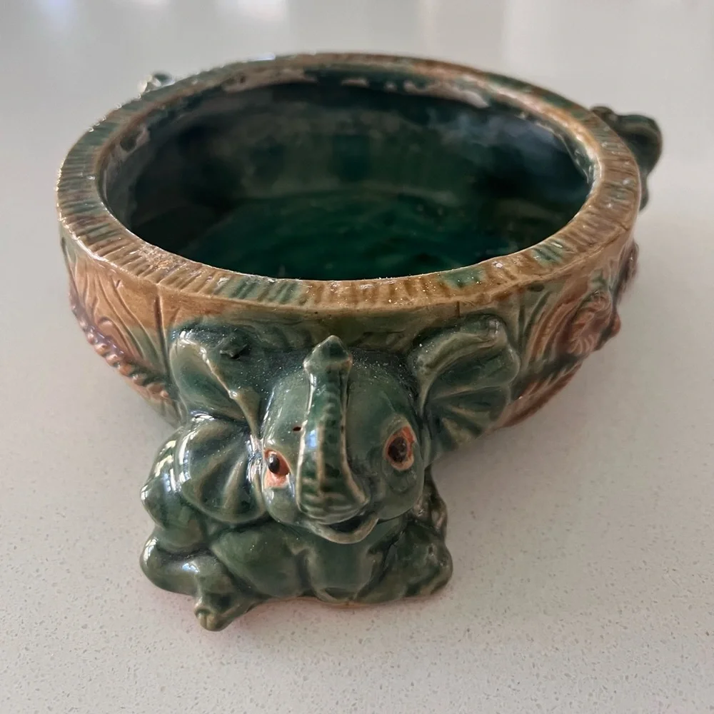 Vtg Majolica Triple Elephant Trunks Up Planter Bowl Green‎ Tan Glazed